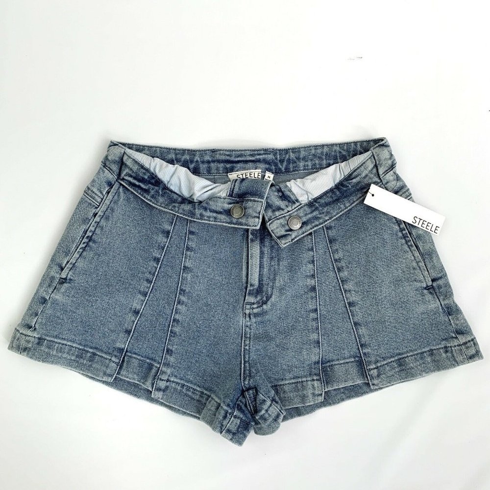NWT Steele Size M Shorts High Waist Fold Down Waist Medium Blue Denim